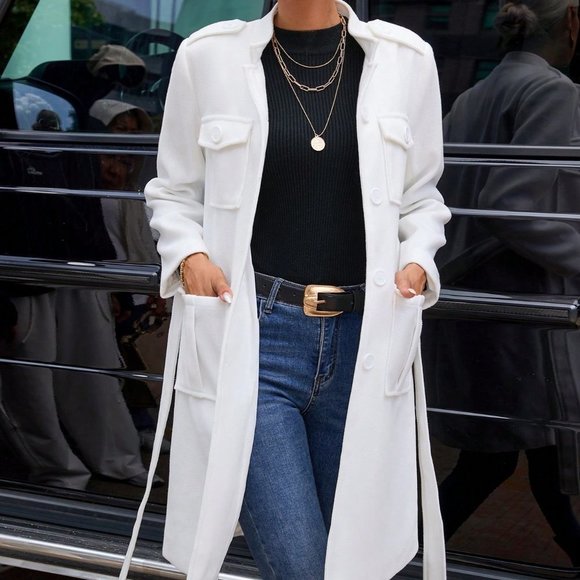 White Preppy Womens Flap Pocket Belted Overcoat - Picture 4 of 6